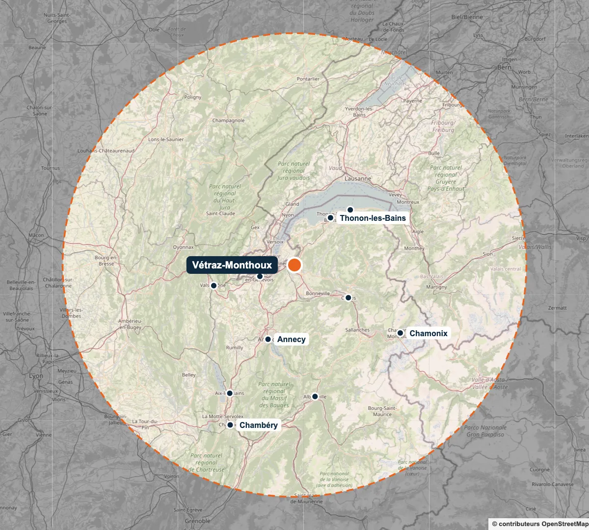 Carte de la zone d'intervention de RW Couverture : 100 km autour de Vétraz-Monthoux